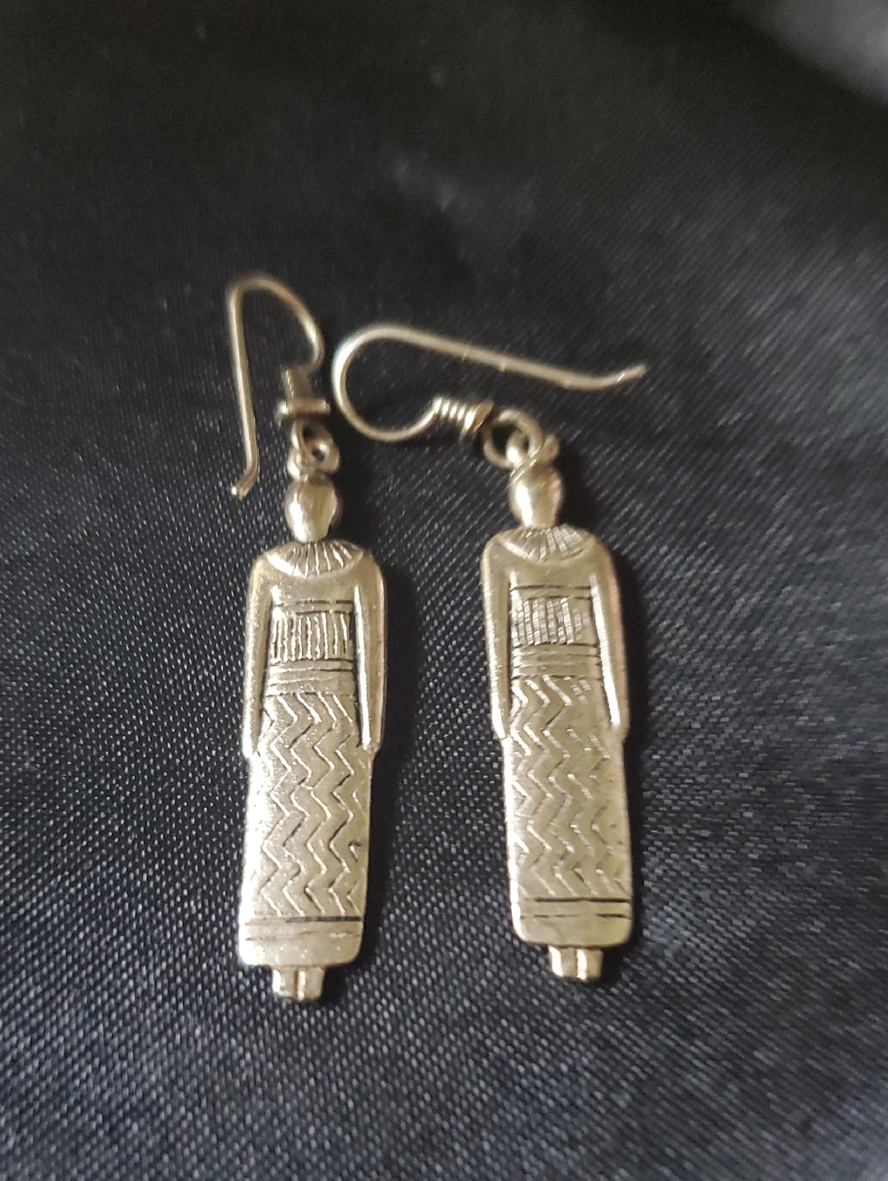 Elegant Silver-Tone Carved Egyptian Figure Drop Earrings